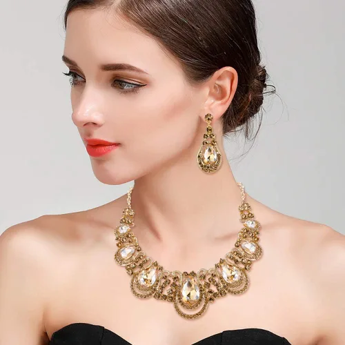 Vista 2 de BriLove Conjunto de collar y aretes con forma de lágrima de cristal para mujer