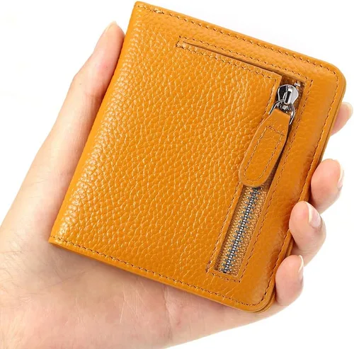 Vista 4 de Funtor Cartera de cuero para mujer, pequeña y compacta, con bolsillo doble, bloqueo RFID, para mujer