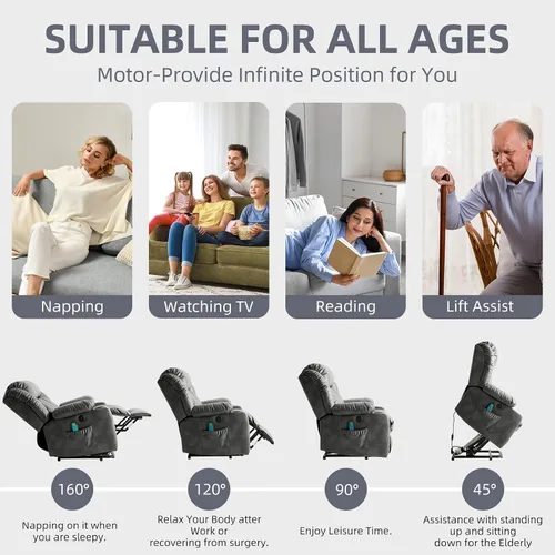 Vista 3 de Silla reclinable eléctrica para personas mayores, sillas reclinables eléctricas para adultos con masaje y calor, portavasos, control remoto, puertos