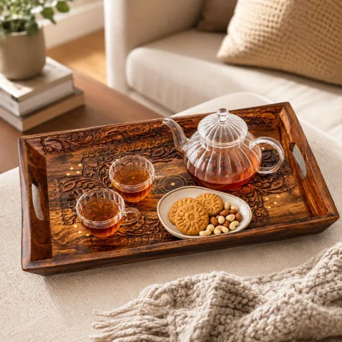 Vista 2 de Bandeja decorativa hecha a mano elegante de madera, bandeja rústica de granja, bandeja grande para servir de 20 x 12 pulgadas, bandeja de mesa