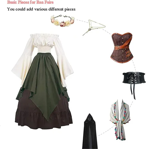 Vista 4 de CR ROLECOS Disfraz renacentista para mujer, vestido medieval campesino, manga trompeta, camisa y falda victoriana