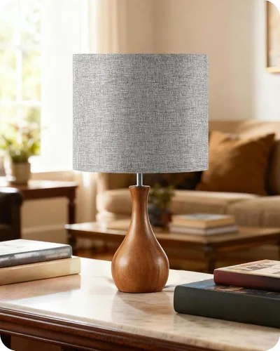 Vista 10 de LE09TLP205 - Juego de 2 lámparas de mesa de madera, lámpara de noche pequeña con pantalla de lino beige y base de madera natural oscura, lámpara