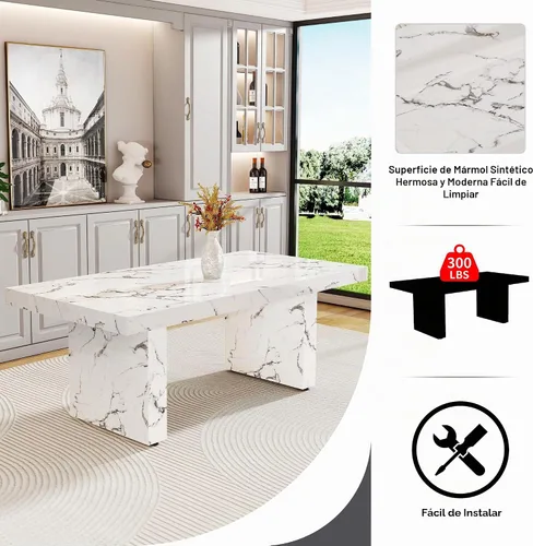 Vista 4 de Ebullient - Juego de mesa de comedor de mármol de 79 pulgadas para 6, mesa con patrón de mármol blanco de 3.5 pulgadas con base de MDF estable