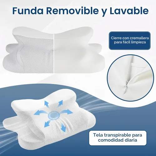 Vista 7 de Almohada cervical para aliviar el dolor de cuello, almohada ergonómica de espuma viscoelástica de doble altura con funda transpirable refrescante