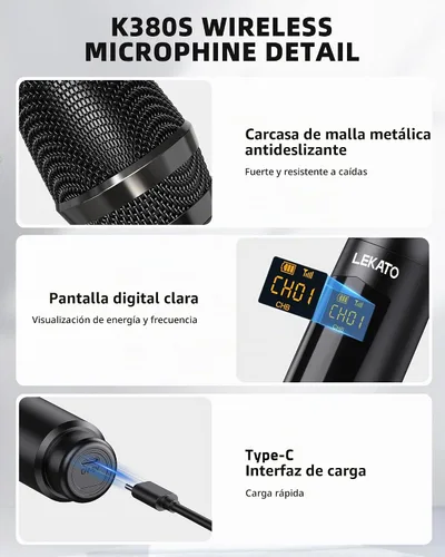 Vista 3 de LEKATO Micrófono inalámbrico, sistema de micrófono dinámico inalámbrico de mano dual recargable de 2.4 GHz con receptor de 1/4 pulgadas, micrófono
