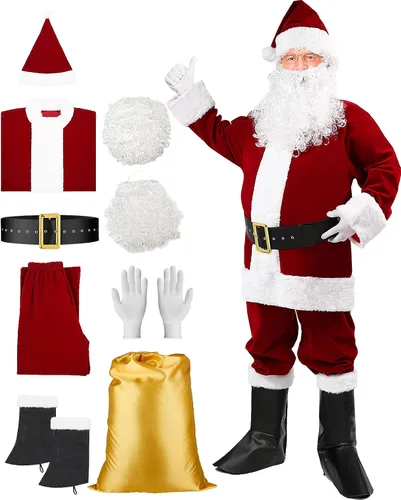 Vista 2 de dgdgcool Santa Claus Costume for Men, 9PCS Deluxe Santa Costume Christmas Velvet Santa Suit Adults Men Professional