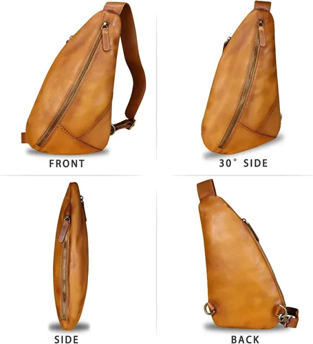 Vista 5 de Bolso bandolera de cuero genuino para motocicleta, bolso hecho a mano, mochila de senderismo, mochila de hombro retro vintage, Marrón claro , M