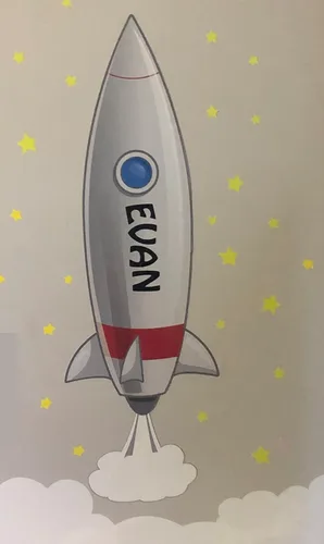 Vista 6 de Calcomanías de pared de barco cohete Un espacio divertido para decoración de habitación de niños, mural con estrellas y calcomanías de nombre
