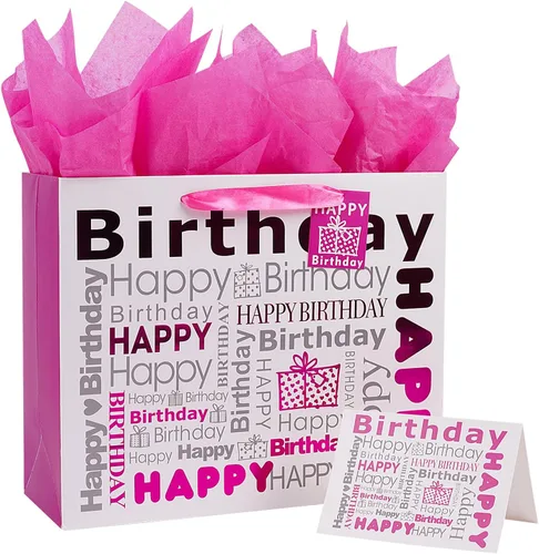 Vista 8 de JWSCYSY 1 bolsa de regalo grande blanca y negra con papel de seda, bolsa de regalo de feliz cumpleaños para hombres y mujeres, 12.6 x 10.25 x 4.7