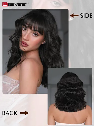 Vista 8 de WIGNEE Pelucas onduladas naturales con flequillo, 100% cabello humano brasileño, pelucas onduladas de moda, color negro natural