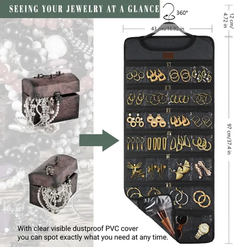 Vista 5 de SMRITI Organizador de joyas colgante con bolsillos dobles con cremallera, lona de doble cara giratoria para colgar collares, organizador de pared