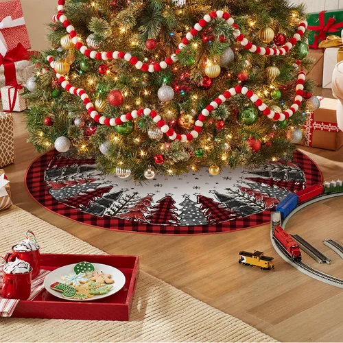 Vista 3 de AVOIN colorlife Falda de Árbol de Navidad de Cuadros Buffalo de 36 Pulgadas, Alfombrilla de Árbol Decorativa para Vacaciones de Invierno