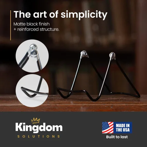 Vista 6 de KINGDOM SOLUTIONS HECHO EN EE.UU. Paquete de 2 caballetes ajustables de metal negro - Soporte para libros - Soporte de placa resistente para arte