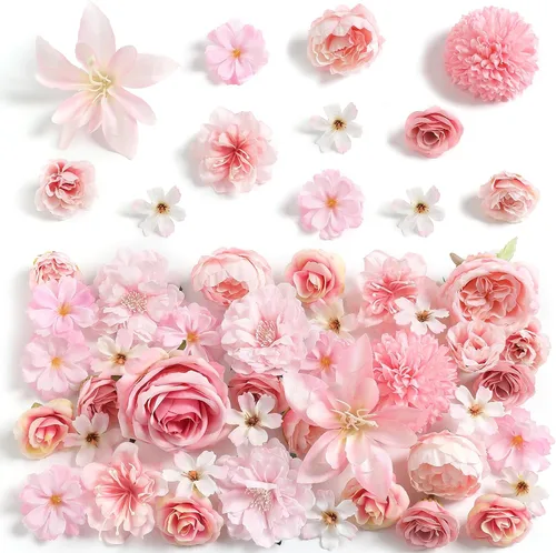 Vista 11 de rongflower Cabezas de flores falsas para manualidades, rosas artificiales de seda negra, peonías, margaritas y cabezas florales (paquete de 48)