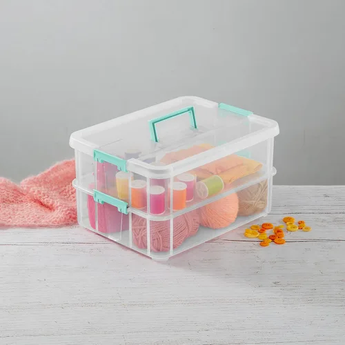 Vista 4 de Sterilite Stack and Carry - Caja de mango de 2 capas, contenedor de almacenamiento pequeño de plástico apilable con tapa de pestillo, contenedor