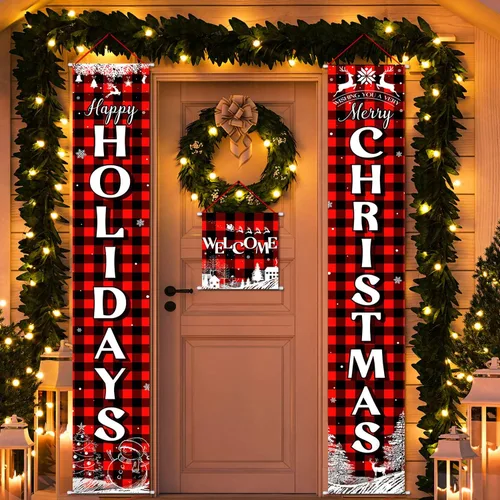 Vista 5 de Cartel navideño de 3 piezas de Navidad para porche, pancarta de Feliz Navidad, pancarta de bienvenida para puerta delantera, letrero colgante