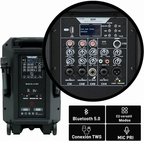 Vista 2 de EXOTON S-1501 15 Inch Portable Rechargeable PA Speaker 1600W, Bluetooth, TWS, USB/RCA, 2 UHF Mics, Remote, 7-Color Lights, DSP with 4 Scene Presets