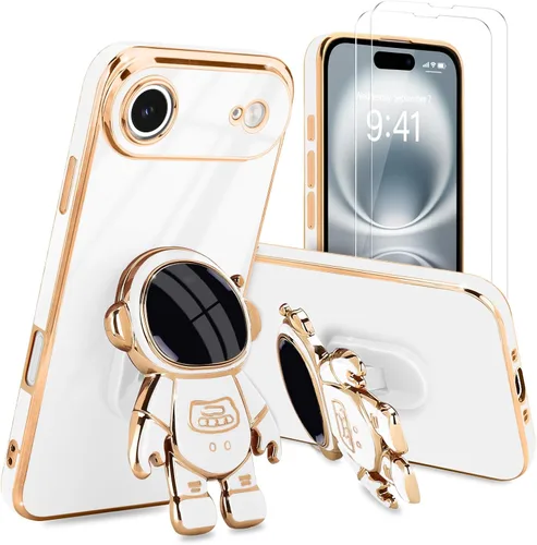 Vista 76 de Pepmune - Funda para iPhone 15 con soporte de astronauta 3D, color negro [2 Screen Protector], Luxury Electroplated Soft TPU Cover with Kickstand