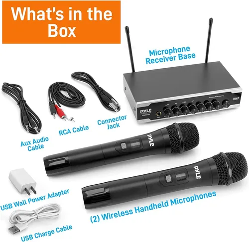 Vista 7 de Pyle Sistema de micrófono inalámbrico Uhf portátil, funciona con pilas, juego de micrófonos inalámbricos Bluetooth dual, incluye 2 micrófonos