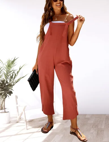 Vista 6 de Gozoloma Overol de lino y algodón holgado con dobladillo de pétalos para mujer, estilo casual y holgado
