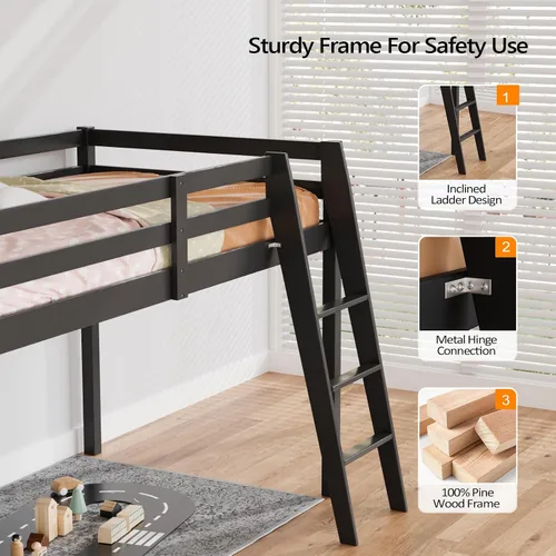 Vista 6 de VINGLI - Cama tipo loft baja de 47'' para junior con escaleras, cama de madera tamaño individual para adultos, niños y adolescentes jóvenes, sin