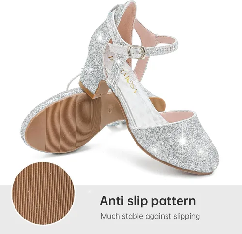 Vista 4 de Zapatos de vestir para niñas, puntera cerrada, tacones altos y gruesos, correa para el tobillo, zapatos de tacón para boda y fiesta