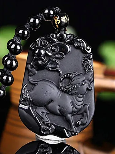 Vista 3 de Collar de animales de zodiaco chino con cuentas de obsidiana natural con cadena de cuentas ajustable, Obsidiana, Obsidiana