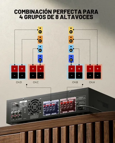 Vista 3 de Donner, amplificador de audio estéreo Bluetooth 5.0, receptor de 4 canales, 440 W de potencia máxima, receptor estéreo para cine en casa con USB
