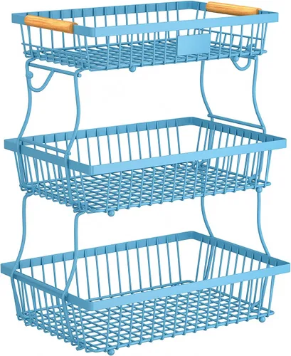 Vista 17 de Cesta de frutas de 2 niveles para encimera de cocina con 2 ganchos para plátanos, cesta de pan de metal para encimera con mango de madera, soporte