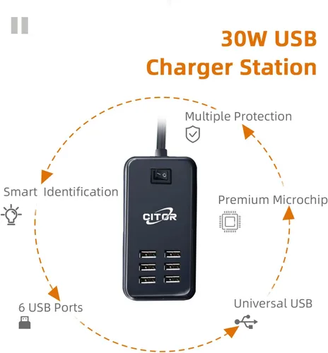 Vista 2 de Cargador USB multipuerto, estación de carga USB de 6 puertos para múltiples dispositivos, teléfono, tableta, regleta de alimentación con interruptor