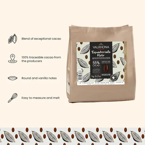 Vista 2 de Valrhona Discos de chocolate negro para hornear francés prémium (cincas). EQUATORIALE 55% de cacao. Fácil de derretir y templar. Cremosos