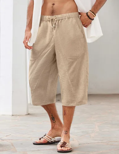 Vista 3 de COOFANDY Pantalones capri harén de lino para hombre, casuales, ligeros, con cordón, pantalones de yoga, holgados, 34, pantalones de playa