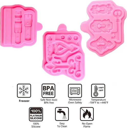 Vista 2 de Lock Key - Molde de silicona para fondant, paquete de 3 tornillos de arcilla para cinturón, molde de correas para chocolate, decoración de pasteles