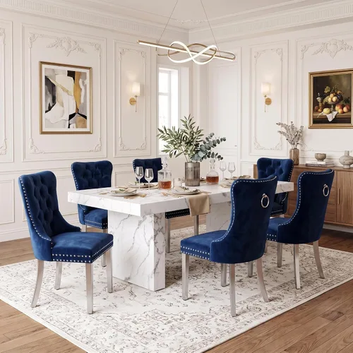 Vista 14 de Ebullient 79" White Dining Table Set for 8, Faux Marble Table & 8 Chairs Cream Chairs
