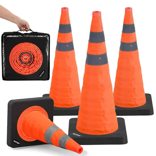 Vista 15 de BATTIFE [1 Paquete] Conos azules plegables de seguridad de tráfico de 28 pulgadas con base negra pesada, conos emergentes multiusos con collar