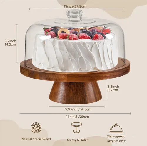 Vista 2 de HBlife Soporte para pasteles con tapa (11.4 pulgadas), soporte multifuncional para pasteles con cúpula acrílica, soporte de madera de acacia 6 en 1