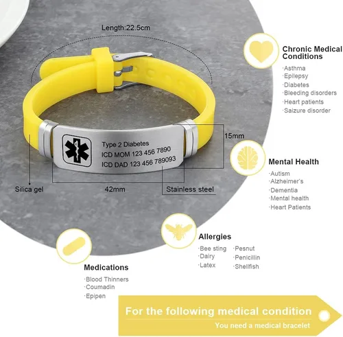 Vista 86 de OPALSTOCK Pulseras médicas personalizadas de silicona ajustable para identificación de emergencias, grabado gratuito, 9 pulgadas, resistente al