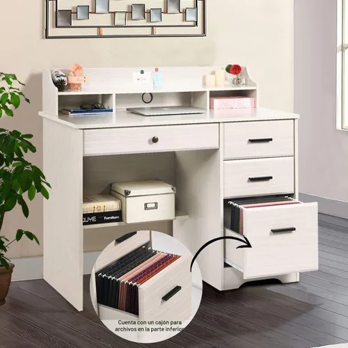Vista 5 de Escritorio blanco para oficina en casa con 4 cajones y gabinete, mesa de computadora para dormitorio, blanco roto