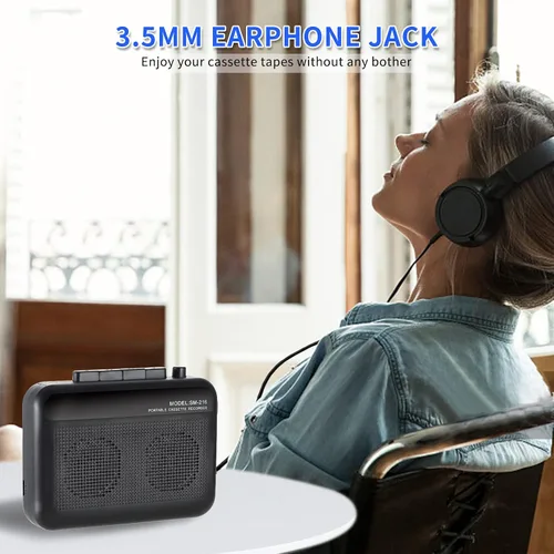 Vista 6 de Grabadora de casete con transmisor Bluetooth, reproductor de cinta de casete pequeño con conector para auriculares, altavoz integrado, conector