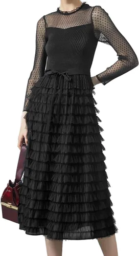 Vista 3 de Vestidos midi de gasa de manga larga para mujer, con capas, para invitadas de boda, cóctel, baile, fiesta de noche