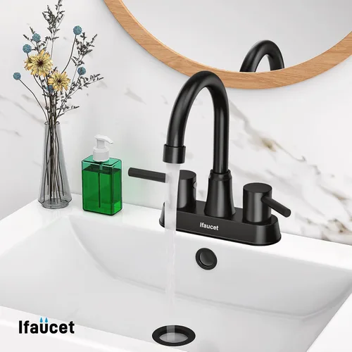 Vista 5 de Grifo de baño negro de 3 agujeros, grifos de baño para fregadero de 3 agujeros, grifo de lavabo de baño, juego central de 4 pulgadas y 2 asas, sin