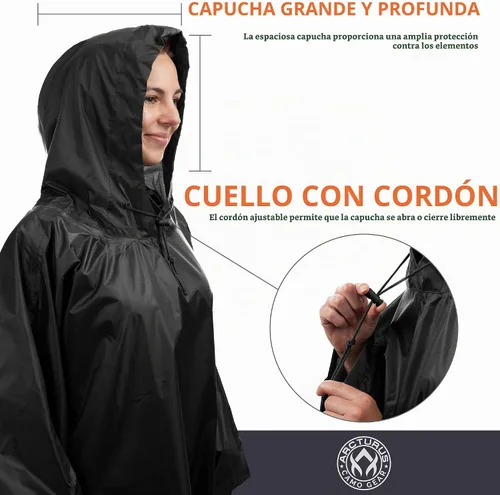 Vista 4 de Arcturus Ponchos impermeables Capucha ajustable Nylon Ripstop impermeable Excelente para caza, pesca y camping Negro