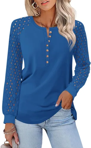 Vista 10 de Minetom Camisetas de manga larga con encaje para mujer, blusas casuales