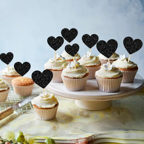 Vista 8 de Gyufise 30 adornos de corazón para cupcakes con purpurina de tamaño mixto con temática de dulce amor, decoración de pastel de corazón, boda Negro