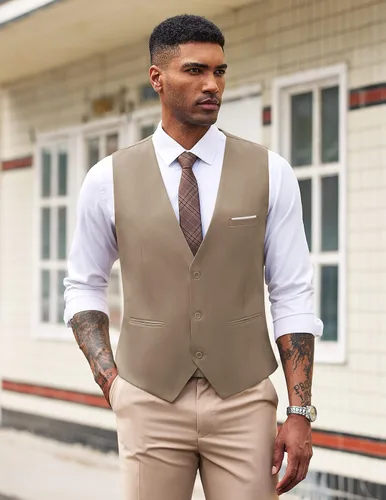 Vista 2 de COOFANDY Chaleco de traje de negocios casual para hombre, ajustado, a la cintura, formal