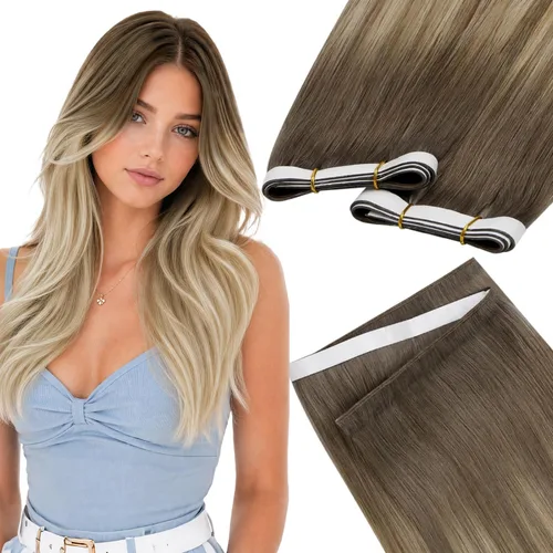 Vista 39 de LaaVoo - Extensiones de cabello humano con cinta adhesiva, color marrón a rubio ceniza, extensiones de cabello humano real, cintas en extensiones