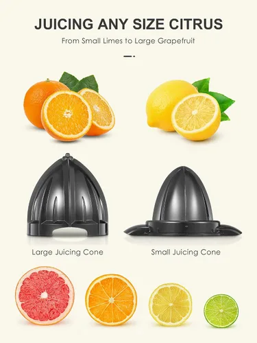 Vista 2 de Exprimidor Eléctrico de Cítricos, Exprimidor de Naranja con Dos Conos Intercambiables, Adecuado para Naranja, Limón y Toronja, Acero Inoxidable