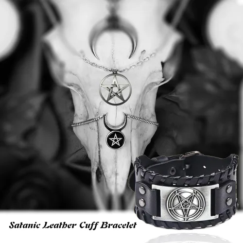 Vista 5 de Pulsera de cuero satánico, pulsera de cabeza de cabra satánica de baphomet de demonio, brazalete gótico de pentagrama invertido