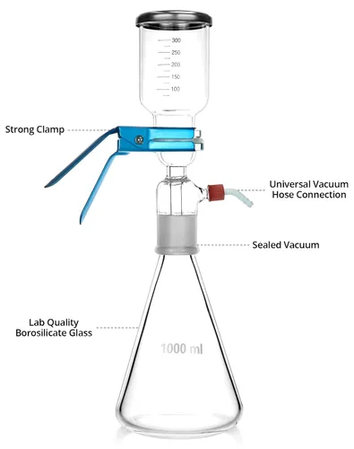 Vista 9 de QWORK Aparato de Destilación de Filtración al Vacío de Vidrio, 1000ml - Incluye Embudo Graduado, Matraz de Filtro, Abrazadera - Tamaño de Poro de 10