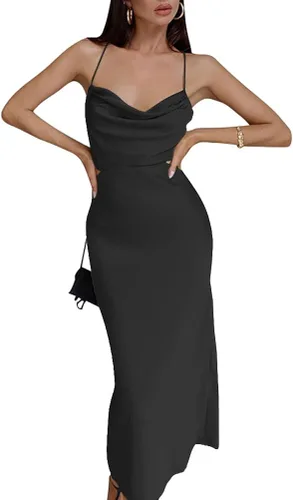 Vista 5 de LYANER Vestido por debajo de la rodilla, de satén, para mujer, con tirantes delgados y sexy, para cóctel